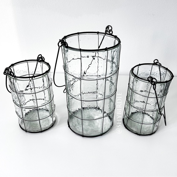 NEW Set of 3 Glass Lanterns with Black Wire Detail - Picture 2 of 12